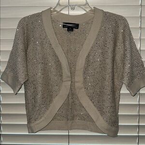 Isabella Rodriguez Cream Sequin Cropped Knit Open Front Bolero Shrug Cardigan M